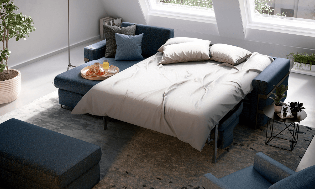 Blaues Schlafsofa mit Bettbezug und einem Longchair